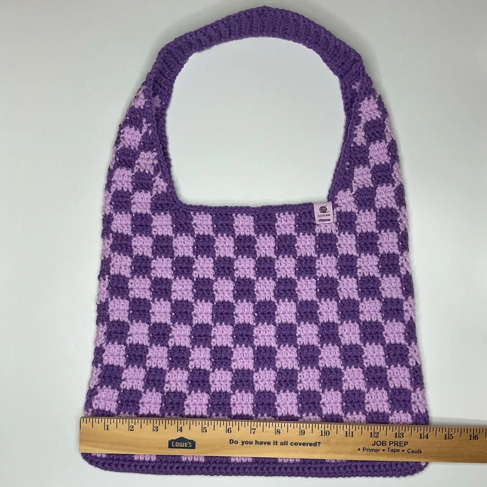 Handmade Amethyst & Soft‎ Purple Checker Checkerboard Crochet Shoulder Tote Bag